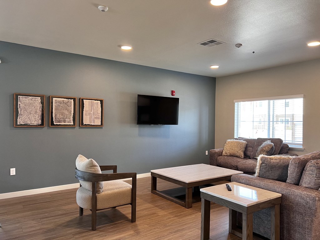 A living room with a grey couch, a brown chair, and a wooden coffee table.