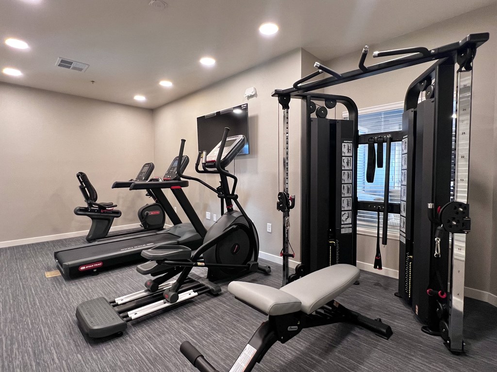 A well-equipped gym with treadmills, elliptical machines, and weight machines.