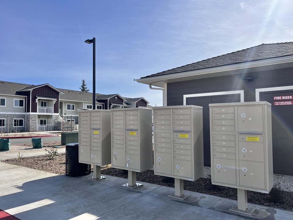 A row of fire hydrants are lined up outside a building.