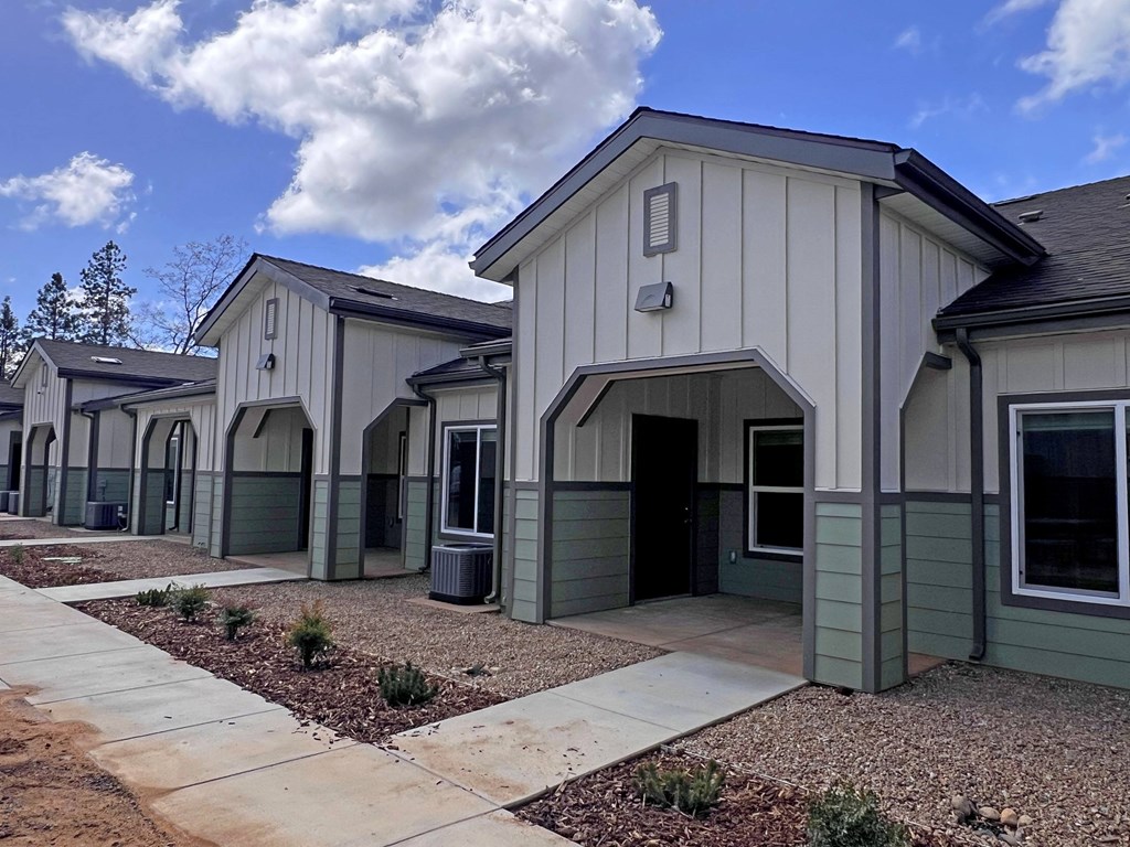 A series of houses with a similar design are lined up in a row.