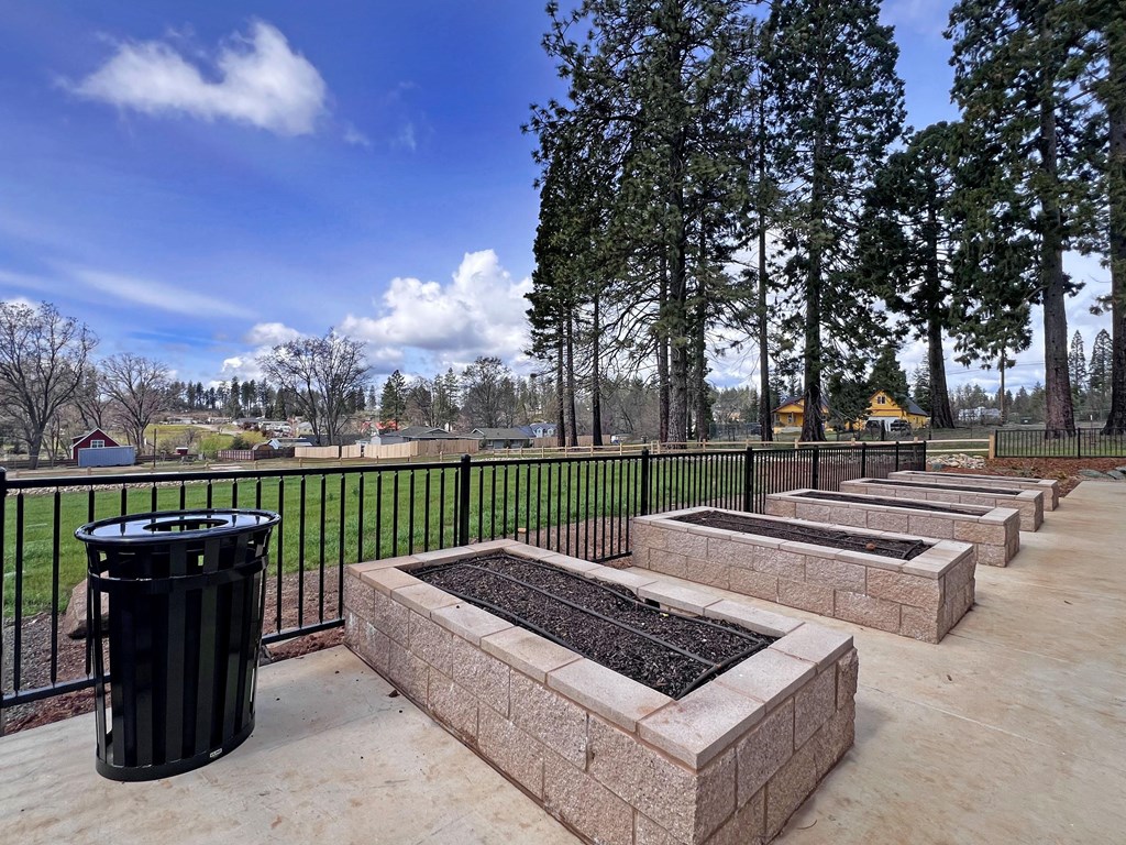 A black trash can sits on a patio next to a planter.