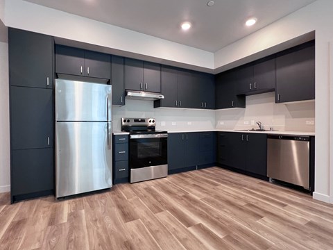 A modern kitchen with dark wood cabinets and stainless steel appliances.