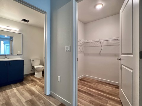 A bathroom with a toilet, sink, and wooden floors.
