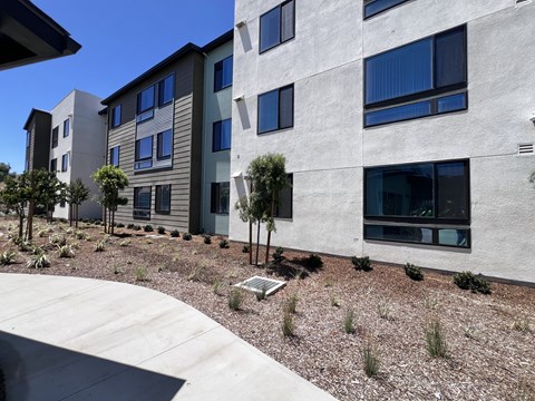 A modern building with a grey exterior and a landscaped area in front.