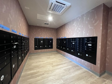A room with a row of lockers on the wall.