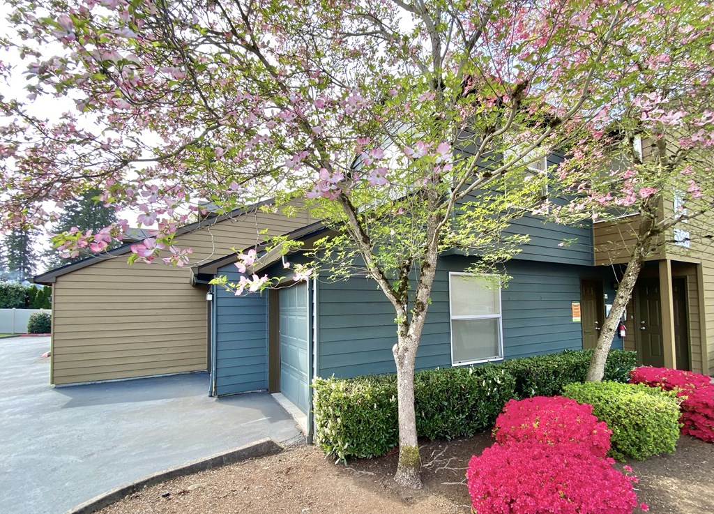 a blue house with a tree and pink flowers in front of it