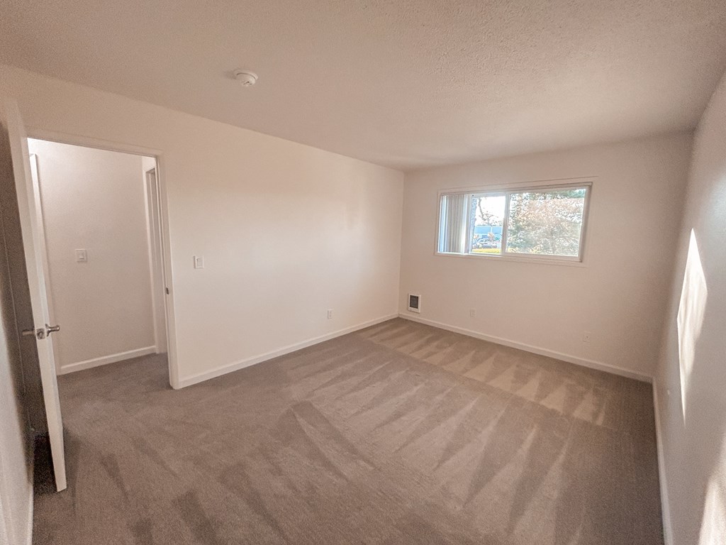 A room with a carpeted floor and a window.