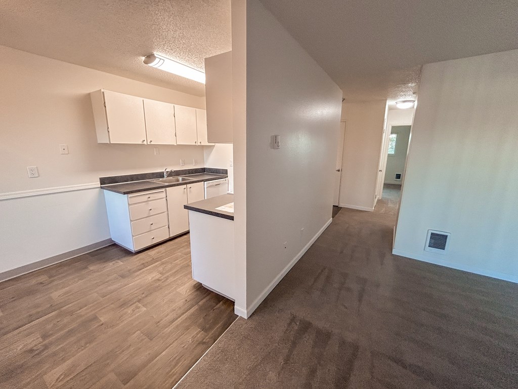 A kitchen with white cabinets and a countertop.