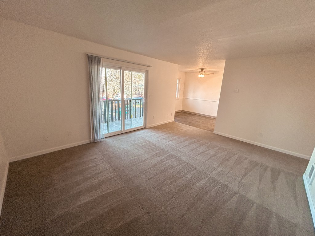 A room with carpeted floor and a ceiling fan.