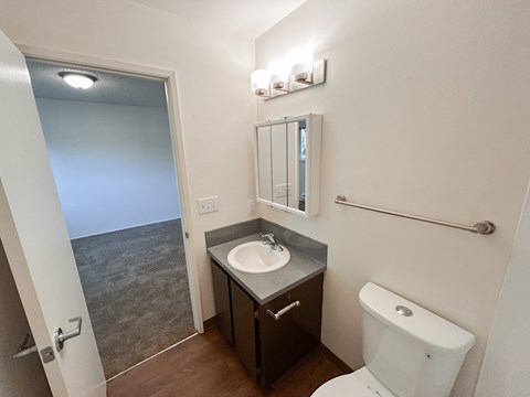 A bathroom with a toilet, sink, and mirror.