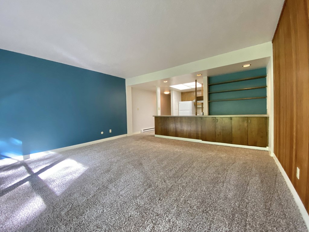a empty living room with a blue wall and a carpeted floor