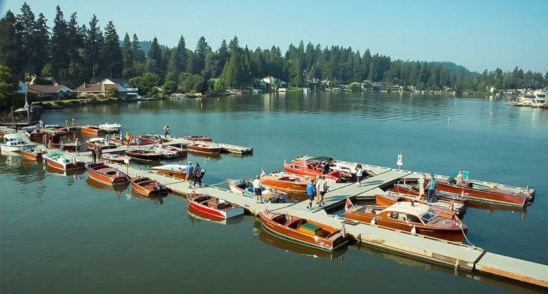 Lake Oswego lake and docks with classic boats