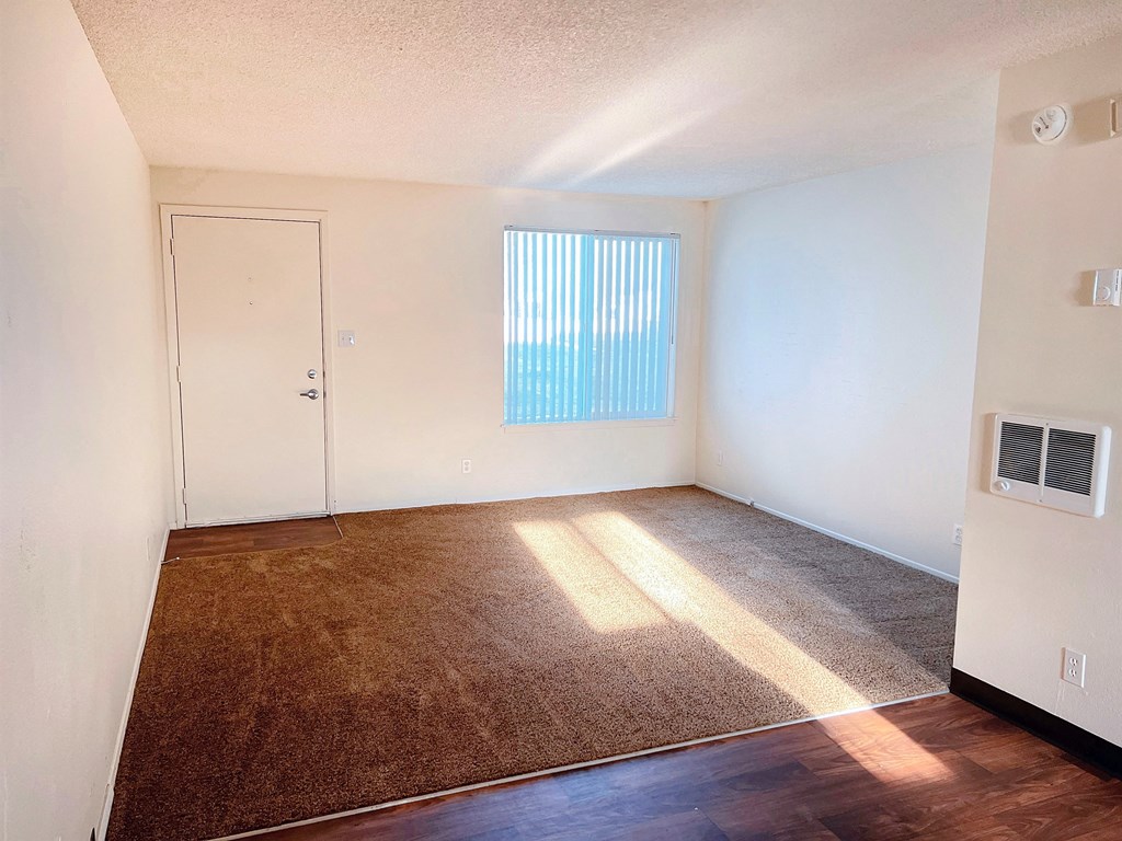 an empty living room with a window and a door