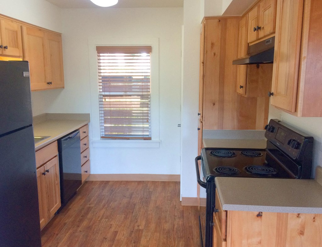 a kitchen with a stove and a window