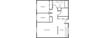 A floor plan of a house with a living room, kitchen, two bedrooms, and a bathroom.