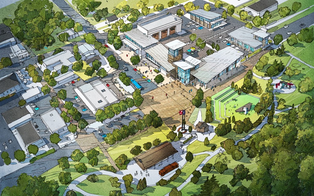 an illustration of a city with buildings and trees