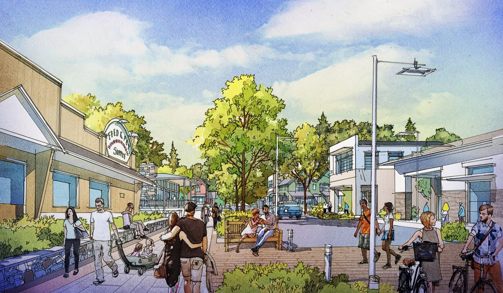 an illustration of a city street with people and buildings