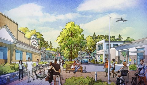 an illustration of a city street with people and buildings