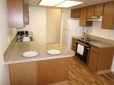 a kitchen with a counter and a stove and a sink
