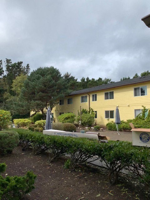 a yellow house with a courtyard with umbrellas