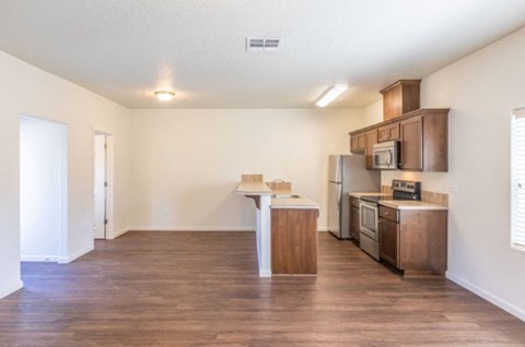 Atwater kitchen bar and living area