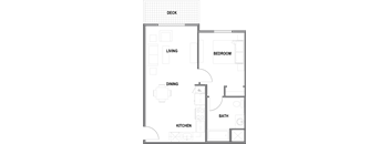 The Bluffs at 44th 1 bedroom 1 bath 745-810sf A floor plan of a house with labeled rooms including a kitchen, living room, dining room, bedroom, and bathroom.