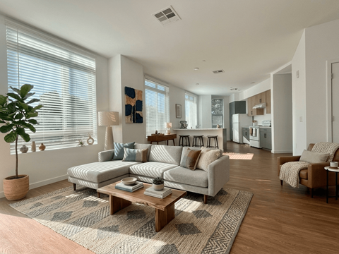 A living room with a couch, a coffee table, and a potted plant.