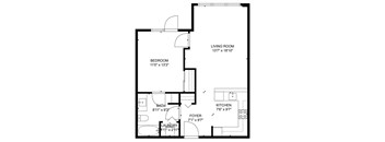 A black and white image of a floor plan for a small apartment.