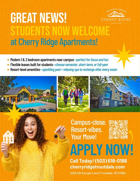 A poster advertising Cherry Ridge Apartments, highlighting their modern 1 & 2 bedroom apartments, flexible leases, and resort-level amenities.