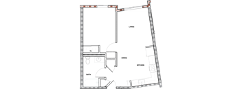 A floor plan of a house with labeled rooms including a living room, dining room, kitchen, and bathroom.