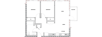 A floor plan of a house with two bedrooms, a living room, a dining room, a kitchen, a balcony, a laundry area, a study, and a garage.