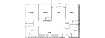 A floor plan of a house with three bedrooms, a living room, a dining room, a kitchen, and two bathrooms.