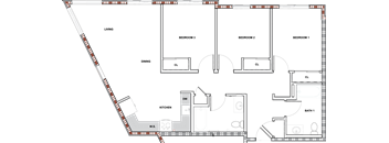 A floor plan of a house with a kitchen, living room, dining room, and three bedrooms.