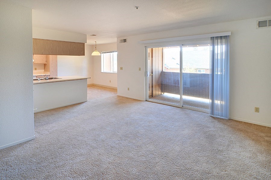 an empty living room with a sliding glass door leading to a balcony