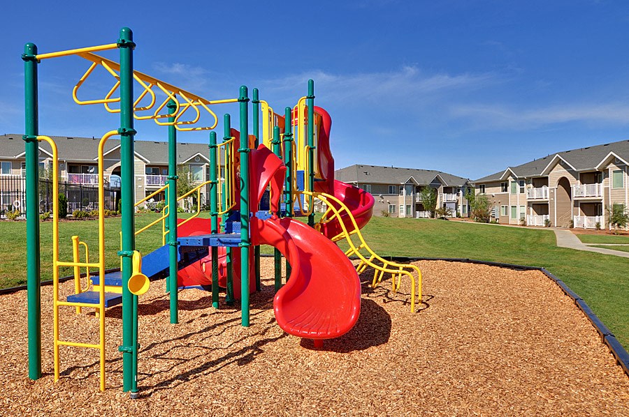 a playground with a slide and other toys in a park