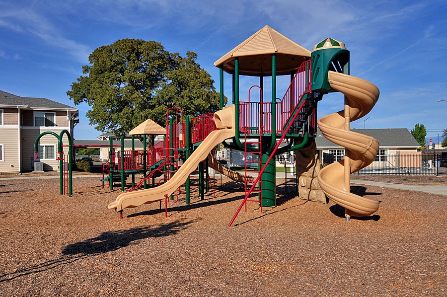 a playground with a slide in a park