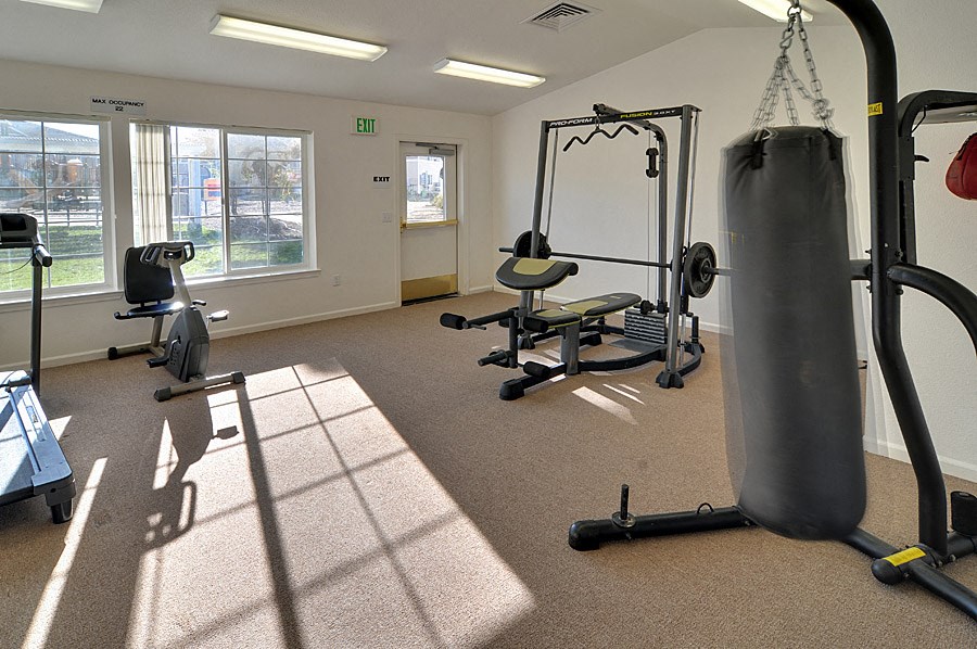 a gym with a punching bag and exercise equipment
