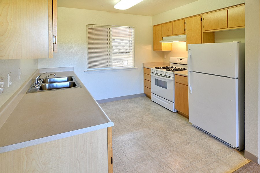 a kitchen with a stove refrigerator and a sink