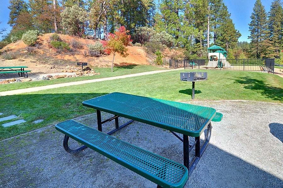 a picnic table in a park with a bbq grill and a playground in the background