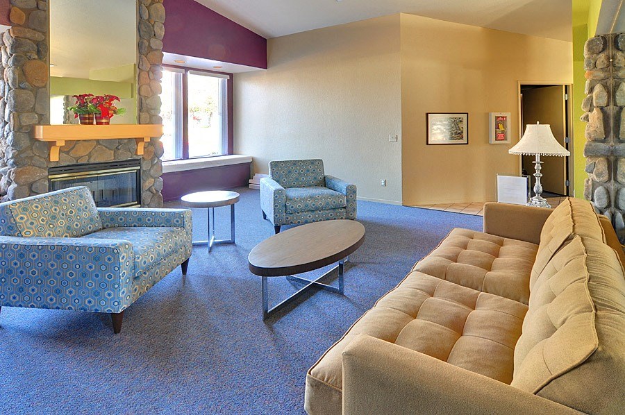 a living room with couches chairs and a fireplace