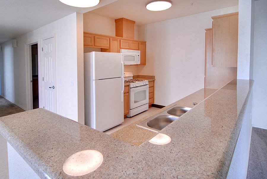 an empty kitchen with a sink and a refrigerator