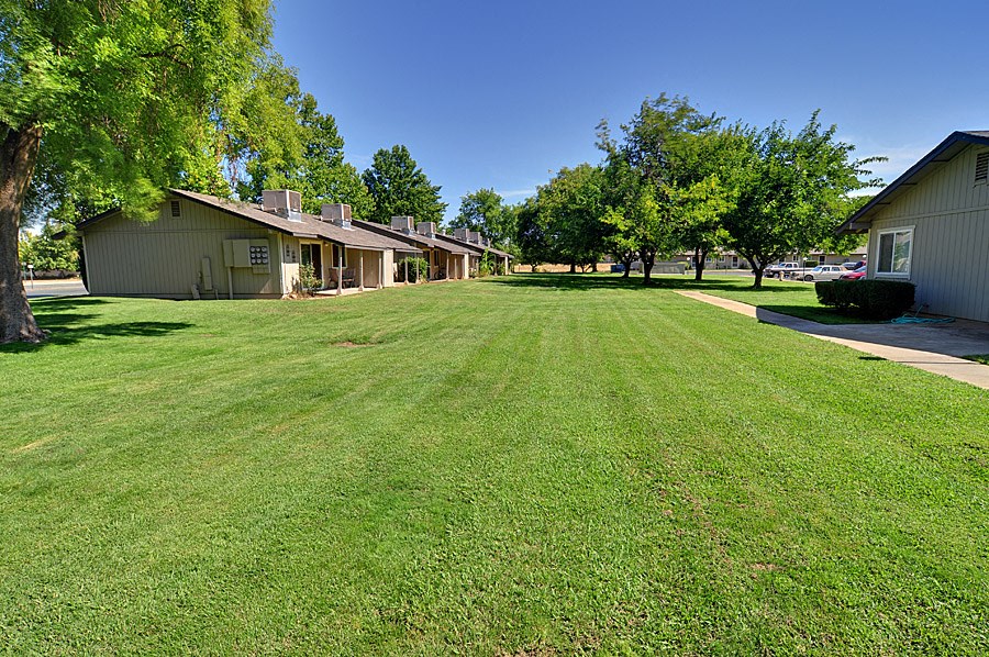 a large grassy area with houses in the background