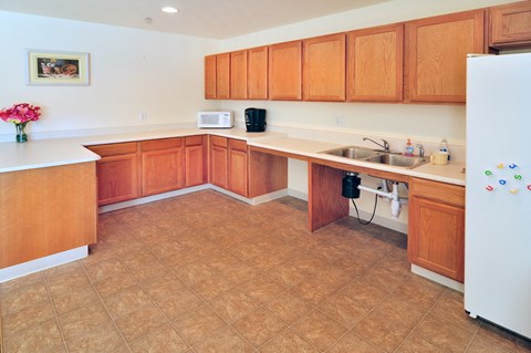 a kitchen with wooden cabinets and a sink and a refrigerator