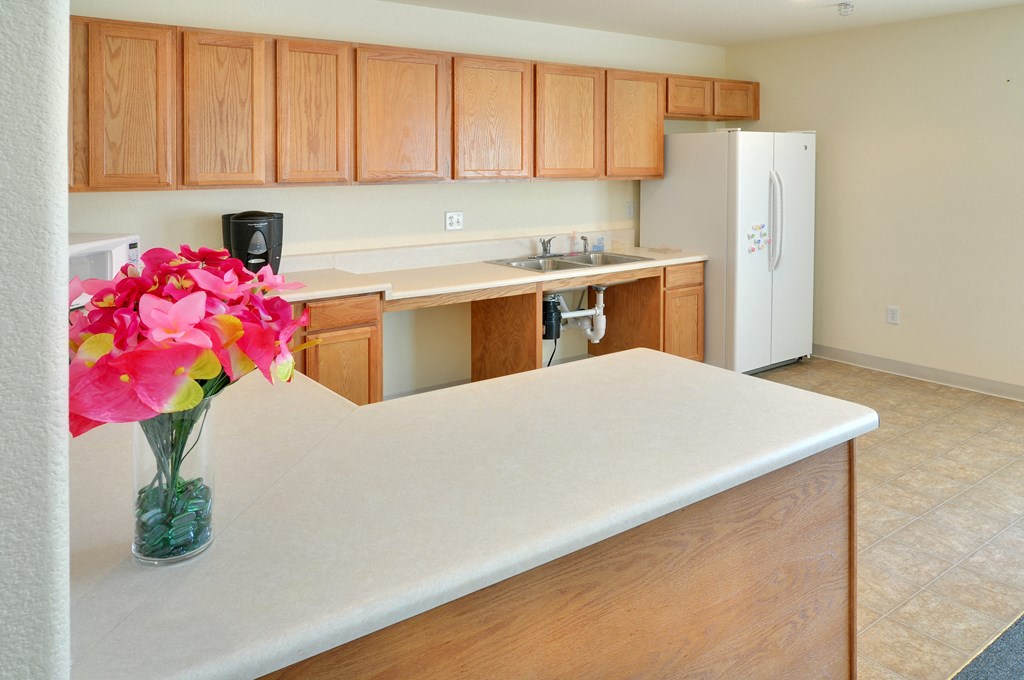 a kitchen with a white counter and a vase with pink flowers on it