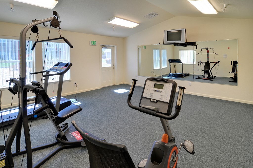 a gym with exercise equipment and a television