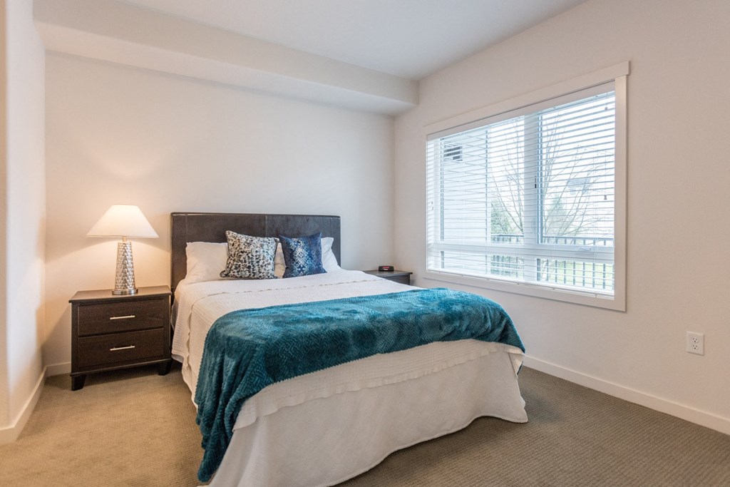 a bedroom with a large bed and a window