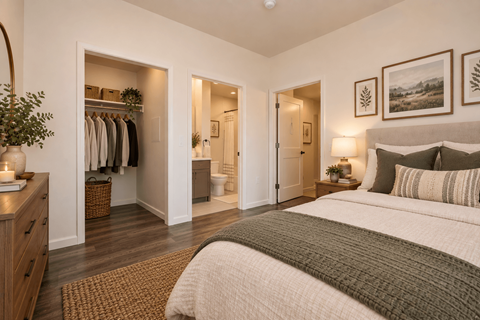 A bedroom with a large bed and a closet with clothes hanging.