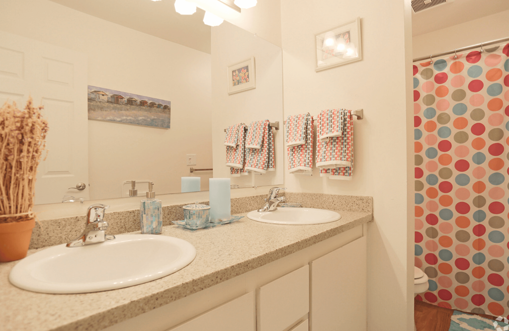 a bathroom with two sinks and a shower and a mirror