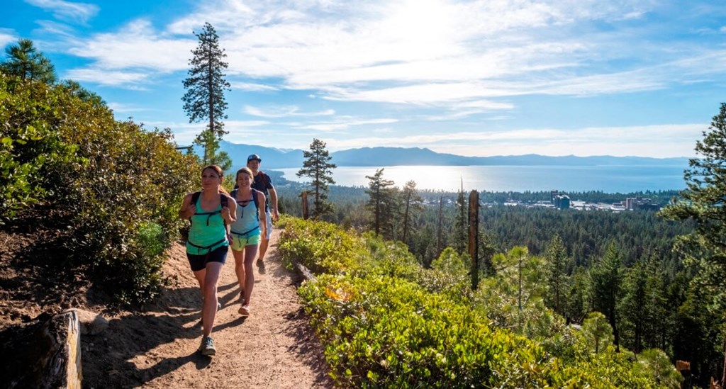 a group of people walking on a trail on the side of a mountain