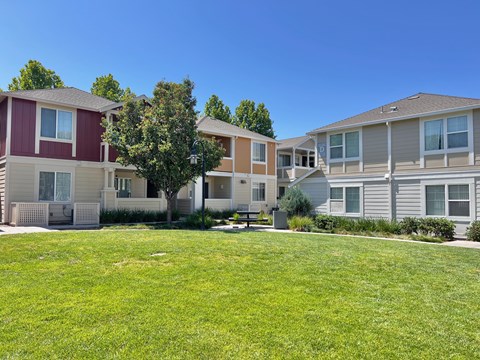 A grassy area in front of apartment buildings.